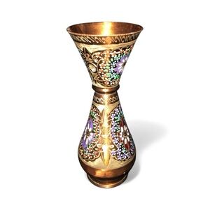 Vintage Hand Painted & Etched Copper Vase with Floral Designs